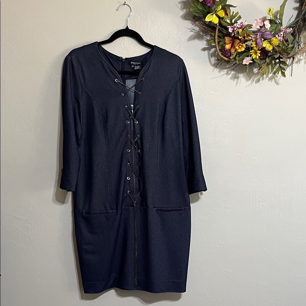 Etcetera Dark Blue Zip Up & Criss Cross Sliver Chain Long Sleeve Dress
